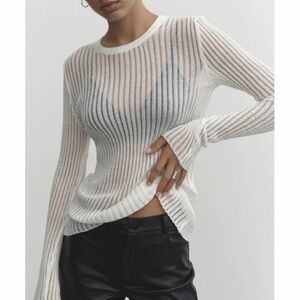 COMMENSE • White Stretch Ribbed Open-Knit Long Sleeve Sweater, XS